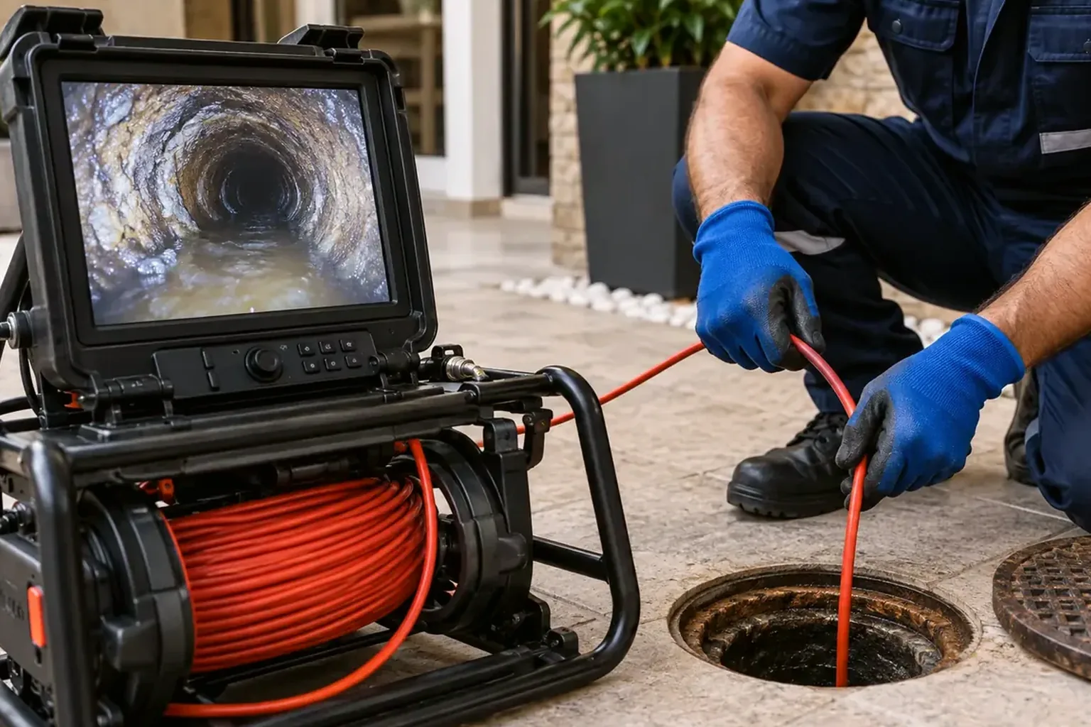 Equipe inspecionando tubulações com câmera em Tangará da Serra.