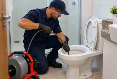 Especialistas desentupindo um vaso sanitário em Tangará da Serra.