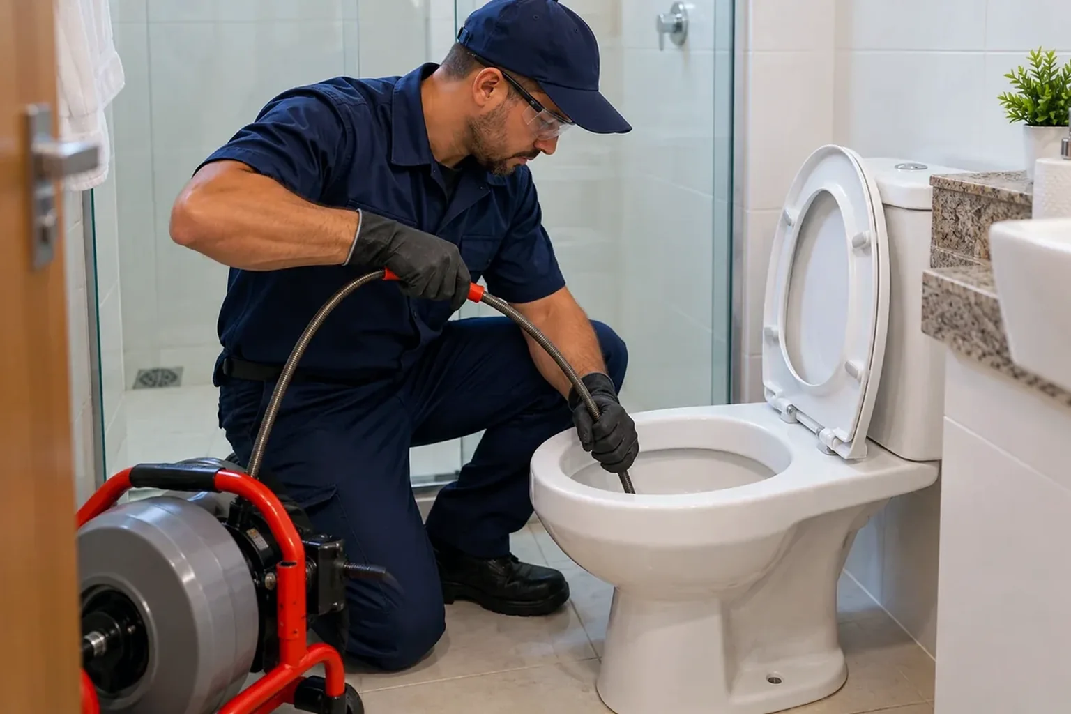 Especialistas desentupindo um vaso sanitário em Tangará da Serra.