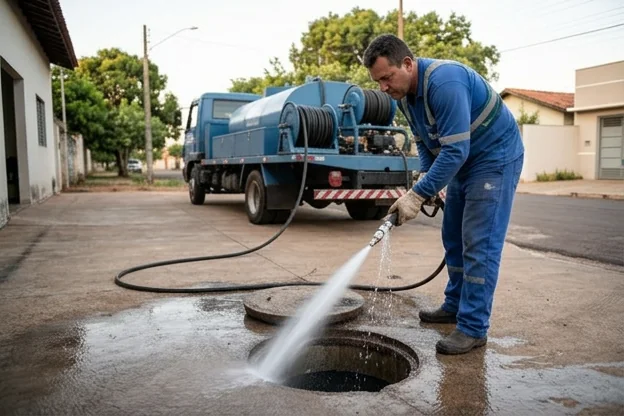 Hidrojateamento sendo realizado em uma tubulação em Tangará da Serra.