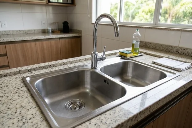 Pia limpa em uma cozinha em Tangará da Serra, ilustrando a prevenção de entupimentos.