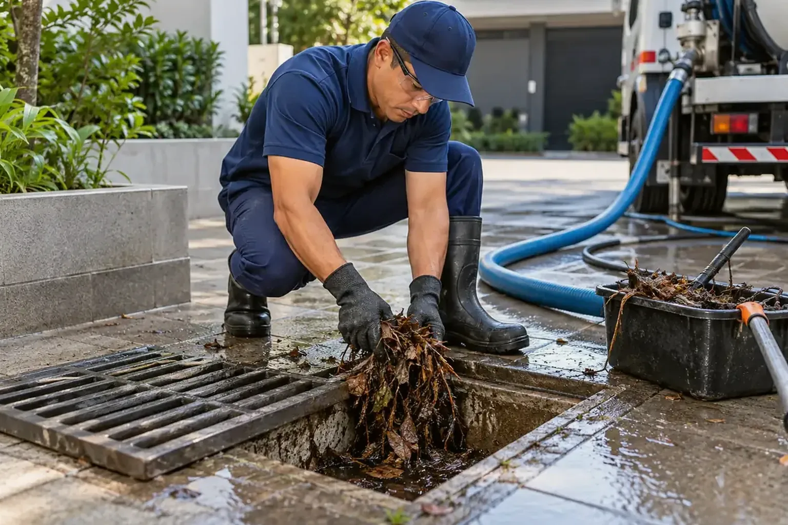Profissionais desobstruindo uma rede pluvial em Tangará da Serra.