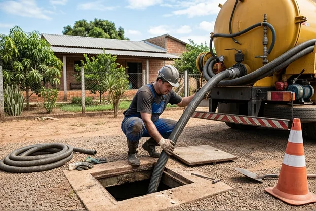 Profissional realizando a limpeza de uma fossa séptica em Tangará da Serra.
