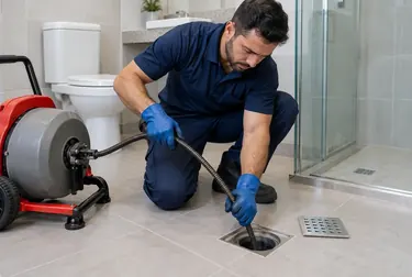 Técnicos limpando um ralo em um banheiro em Tangará da Serra.